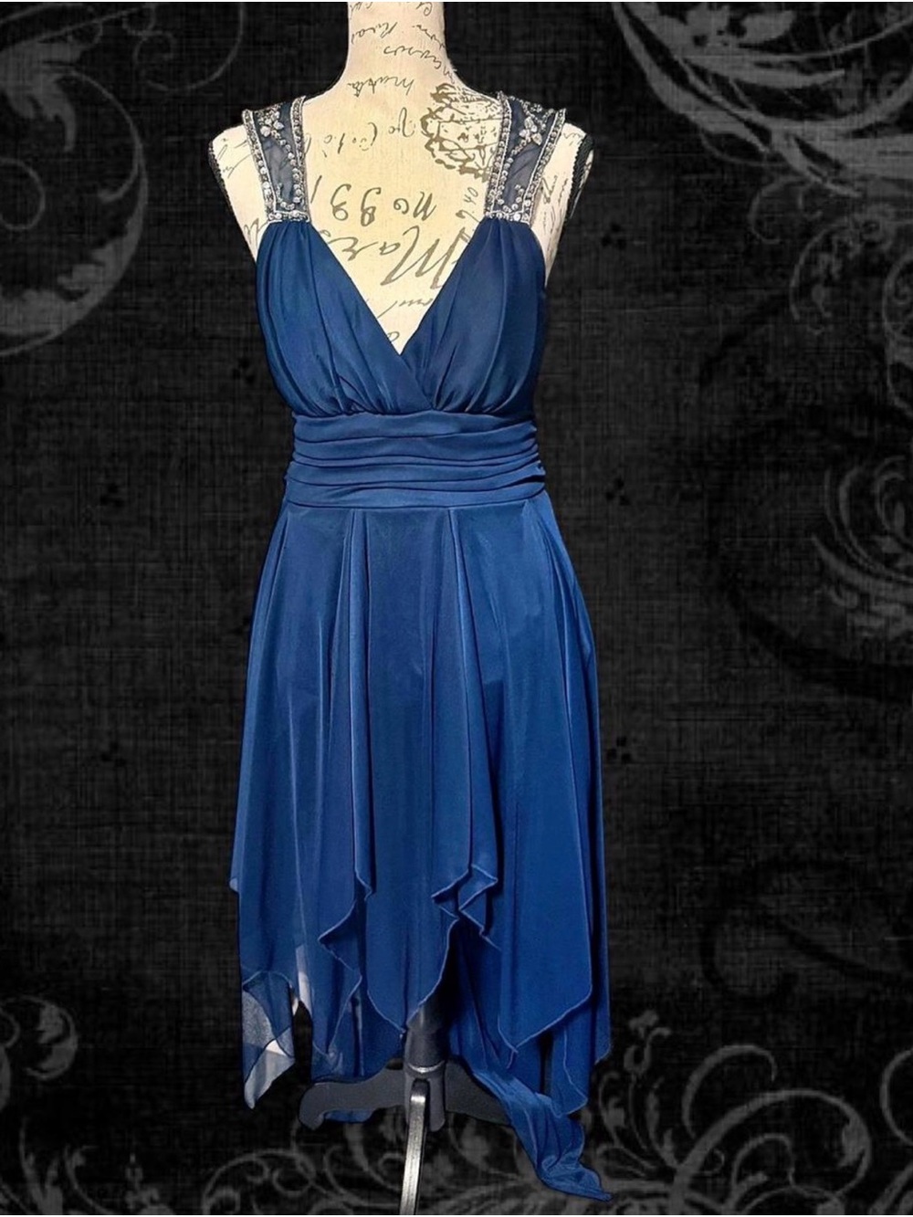 Vintage b darlingElegant Navy Blue V-Neck Cocktail Dress with Embellished Straps